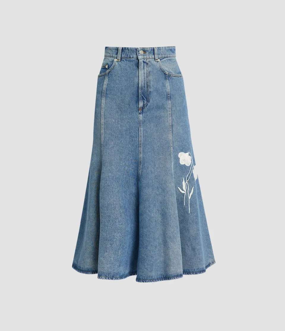 Erdem Embroidered Denim gonna midi jeans papaveri
