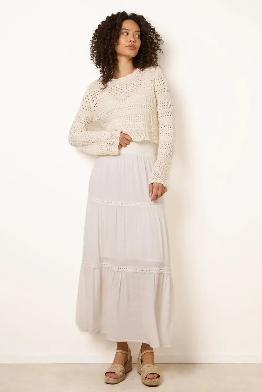 Blue Vanilla gonna maxi crochet avorio vita arricciata