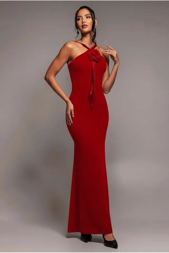 Goddiva Racer Neck Corsage abito maxi rosso scuba attillato