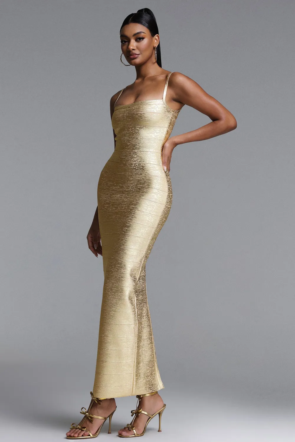 Bella Barnett Abito Maxi Oro Lionce Bandage Metallizzato S