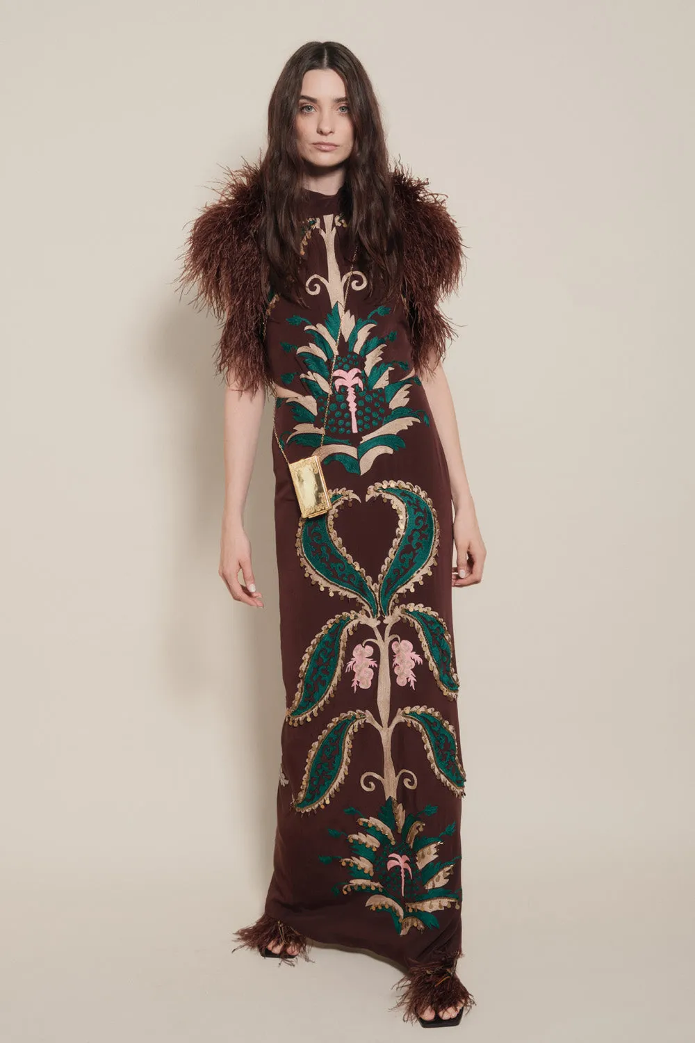 Johanna Ortiz Promised Land abito seta cioccolato verde