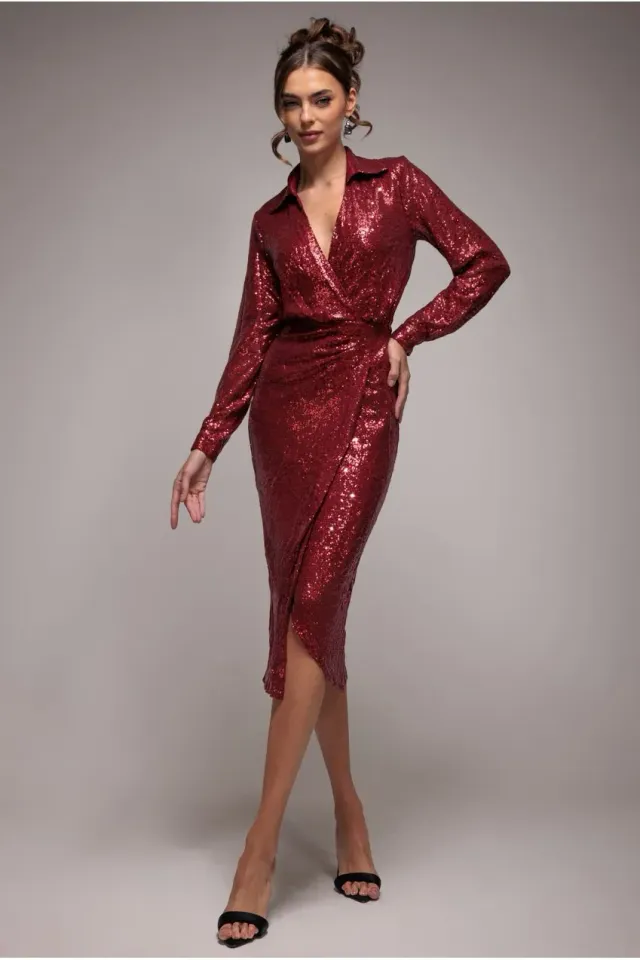 Goddiva Sequin Split chemisier bordeaux paillettes manica lunga
