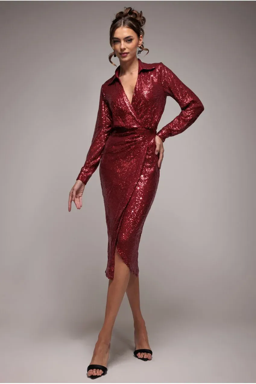 Goddiva Sequin Split chemisier bordeaux paillettes manica lunga