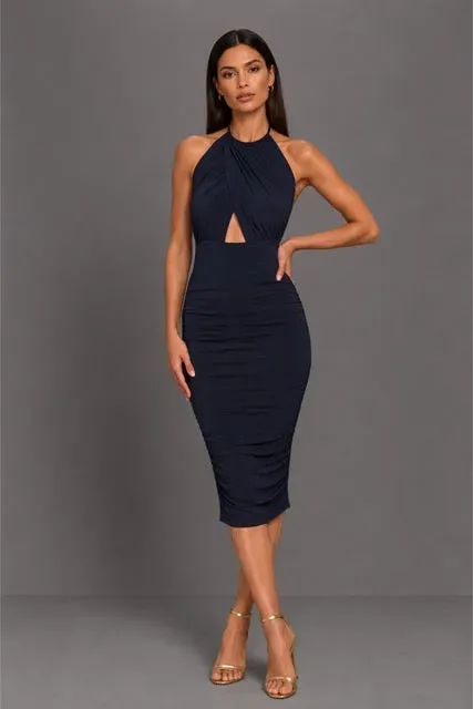 Honor Gold Erin abito midi navy halter schiena scoperta