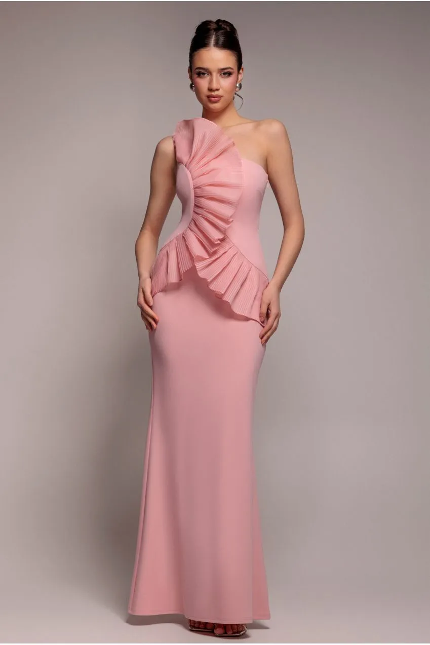 Goddiva Fan abito maxi monospalla rosa cipria