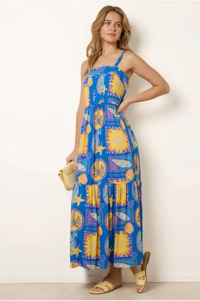 Blue Vanilla Vibrant abito lungo blu stampa tropicale viscosa