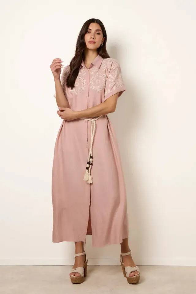 Blue Vanilla Abito Midi Rosa Ricamo Floreale Taglia S maniche