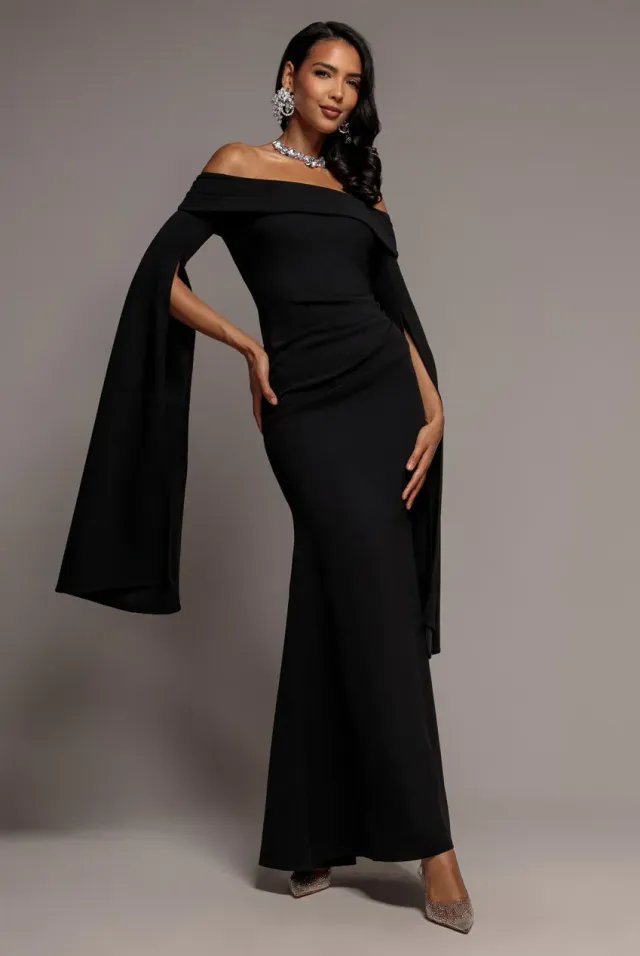 Goddiva Bardot Split Cape abito maxi nero spalle scoperte
