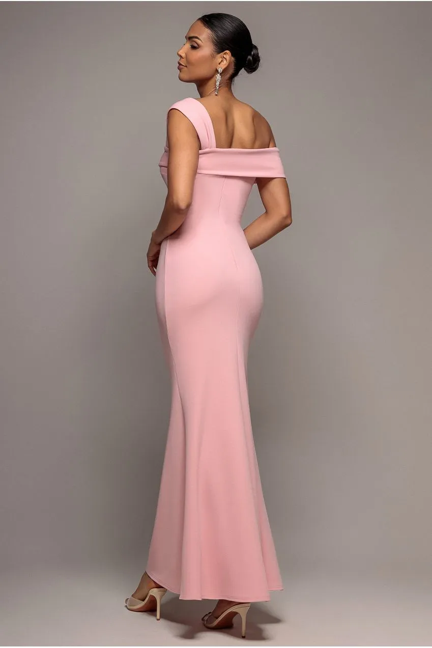 Goddiva abito maxi rosa cipria spalle scoperte plissé