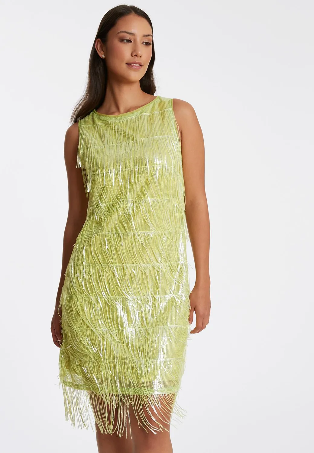 Ana Alcazar Riba abito paillettes lime corto frange