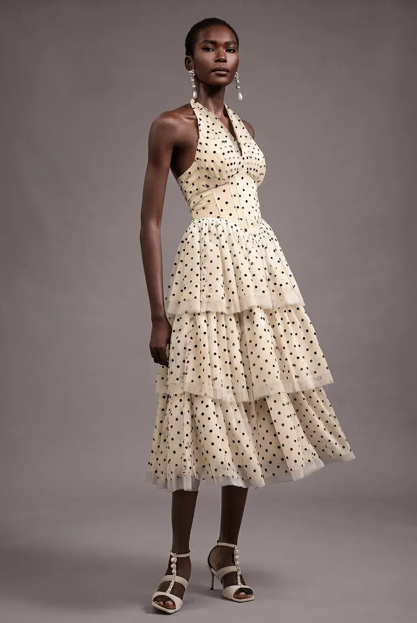 Bella Barnett Julieta abito midi beige pois