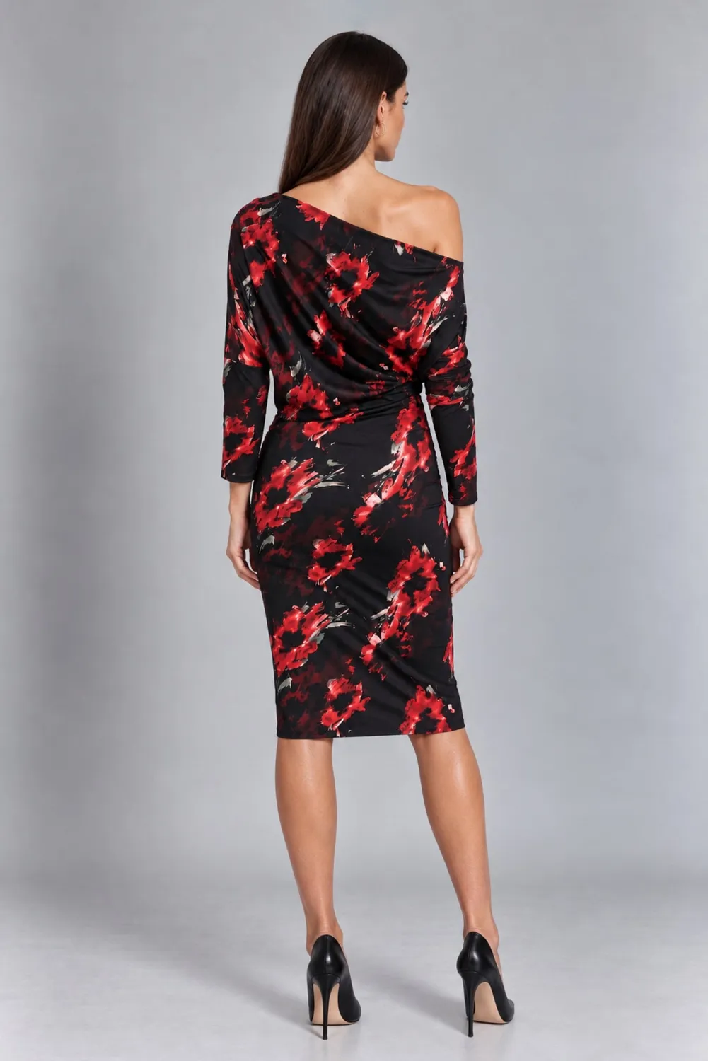 Honor Gold Aubrey Black Red Bardot abito midi nero floreale