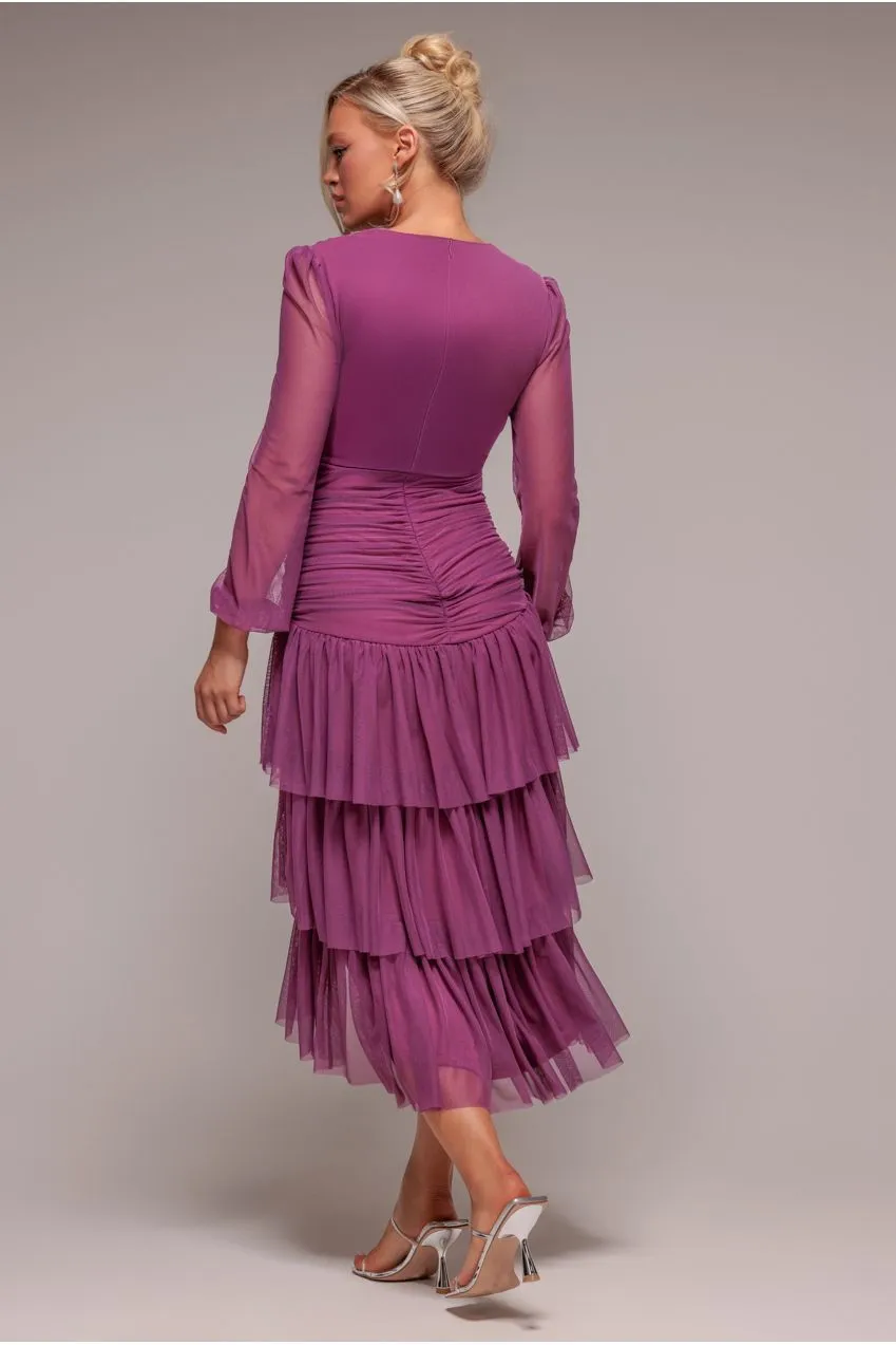 Goddiva Tiered abito berry scollo a V gonna asimmetrica