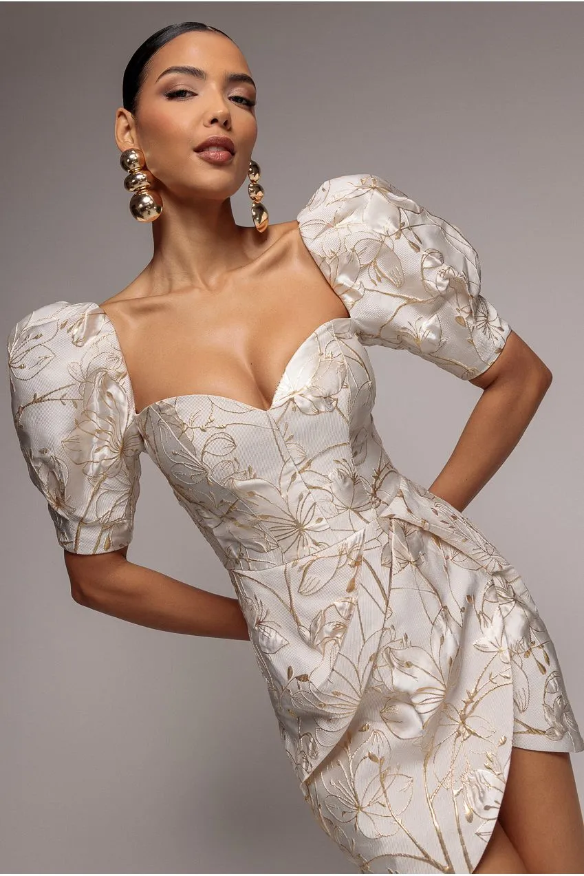 Goddiva Puff Sleeve Sweetheart mini abito crema jacquard