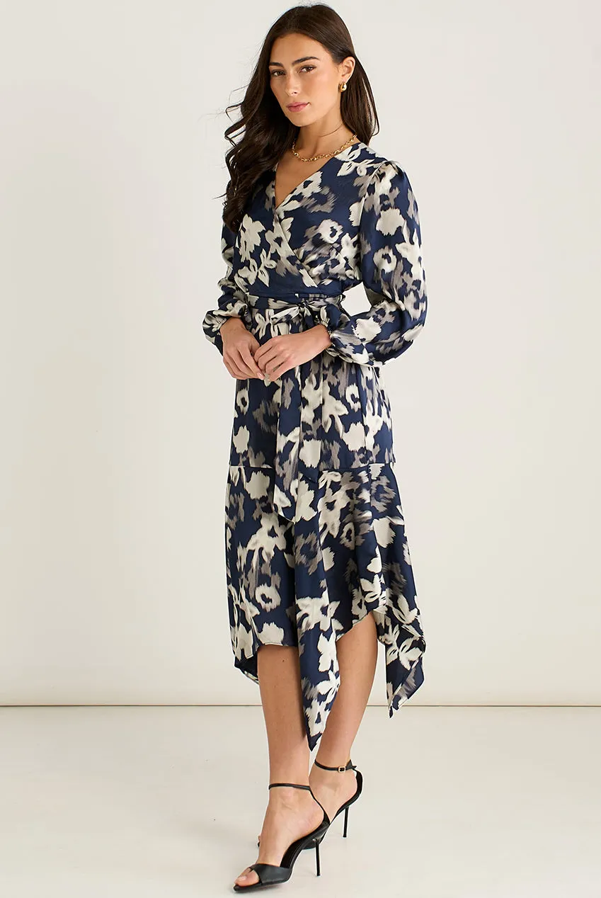 Gini London Asymmetric Hem abito blu midi avvolgente
