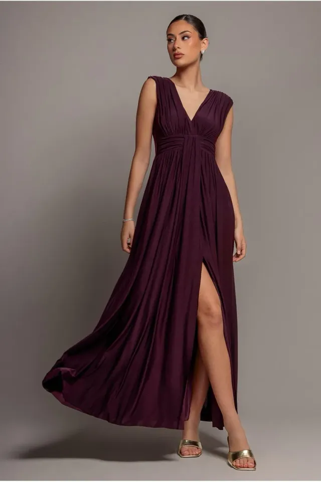 Goddiva Gathered Shoulder Wrap abito maxi bordeaux