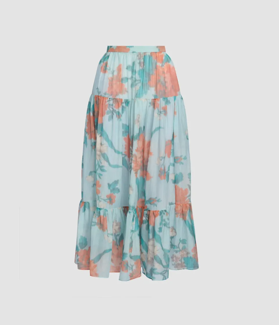 Erdem Gonna Midi Floreale Voile Cotone Seta Blu