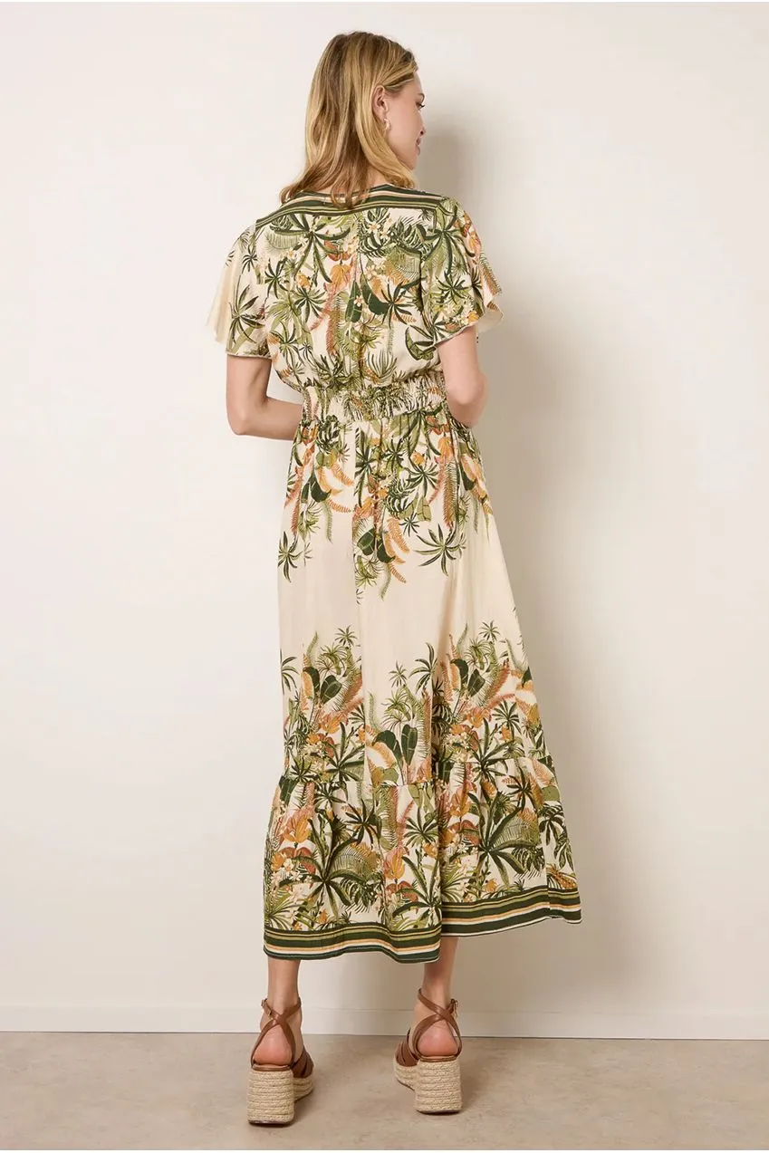 Blue Vanilla Tropical Print abito maxi verde kimono