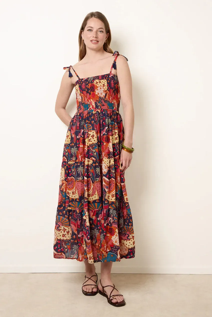 Blue Vanilla Bold Print Shirred Waist vestito midi navy fantasia