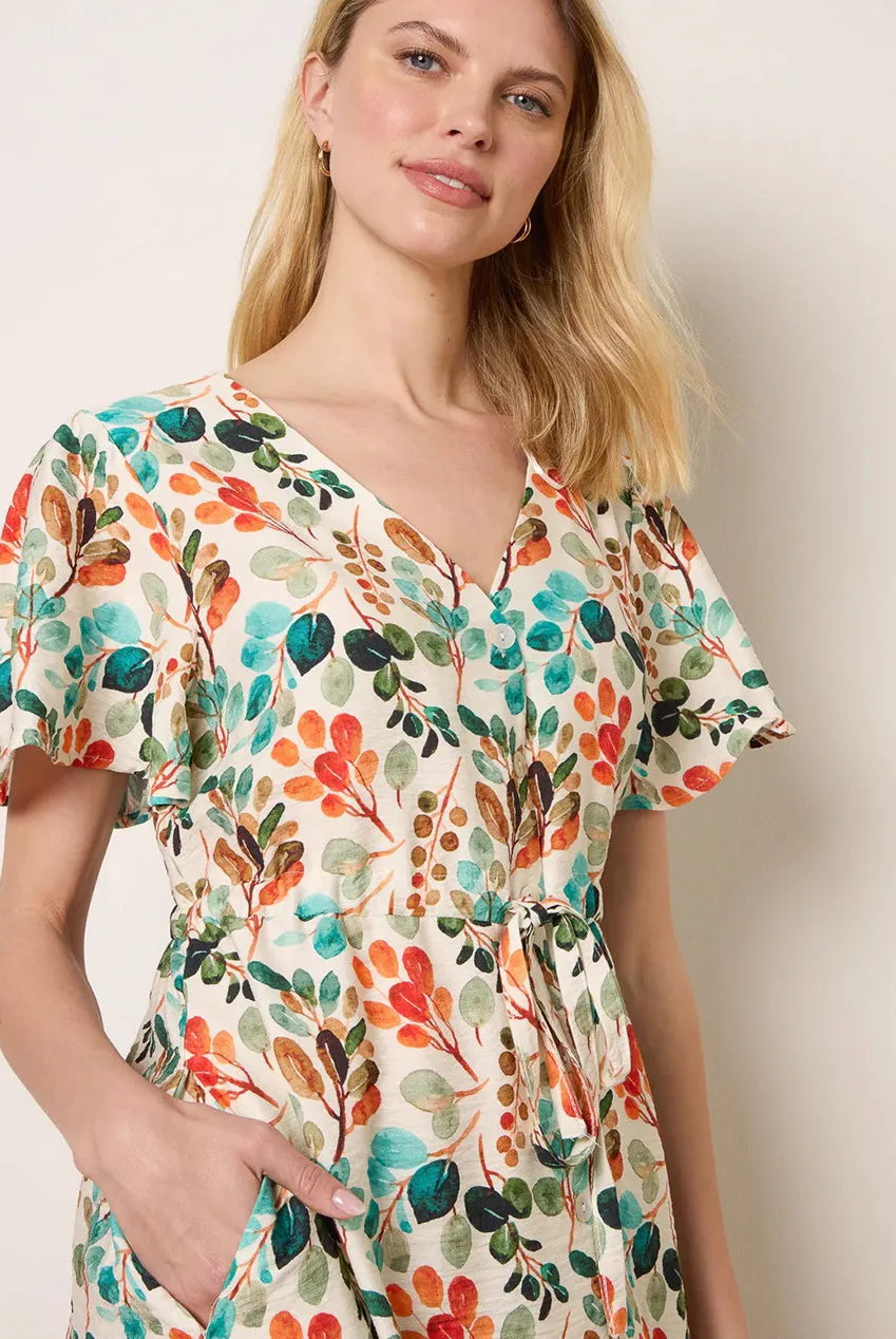 Blue Vanilla Leaf Print abito camicia midi arancione foglie