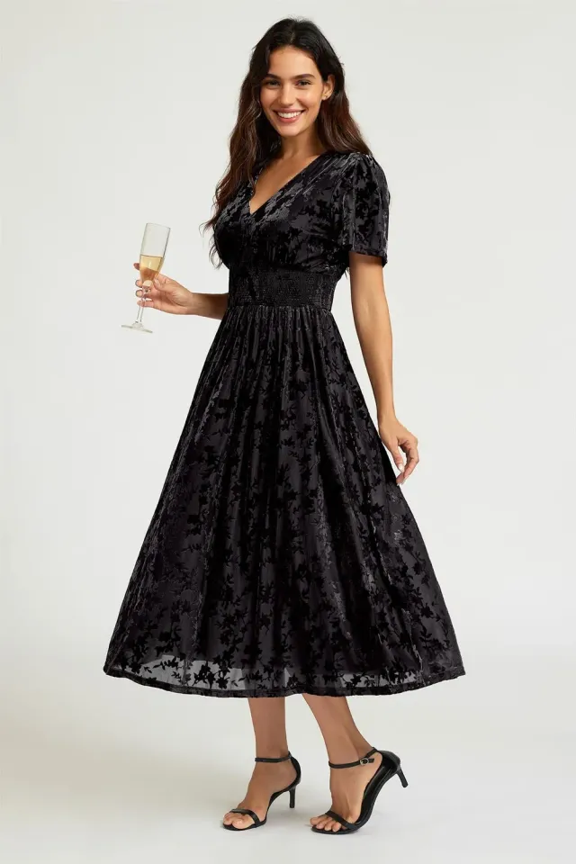 FS Collection Velvet Burnout abito nero midi scollo V