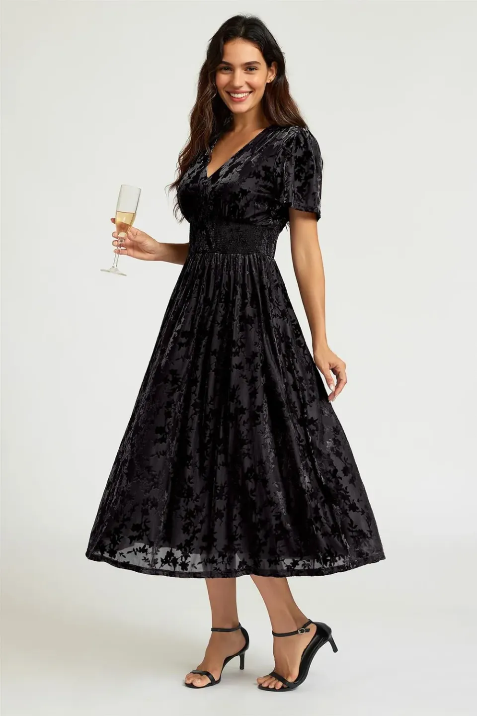 FS Collection Velvet Burnout abito nero midi scollo V