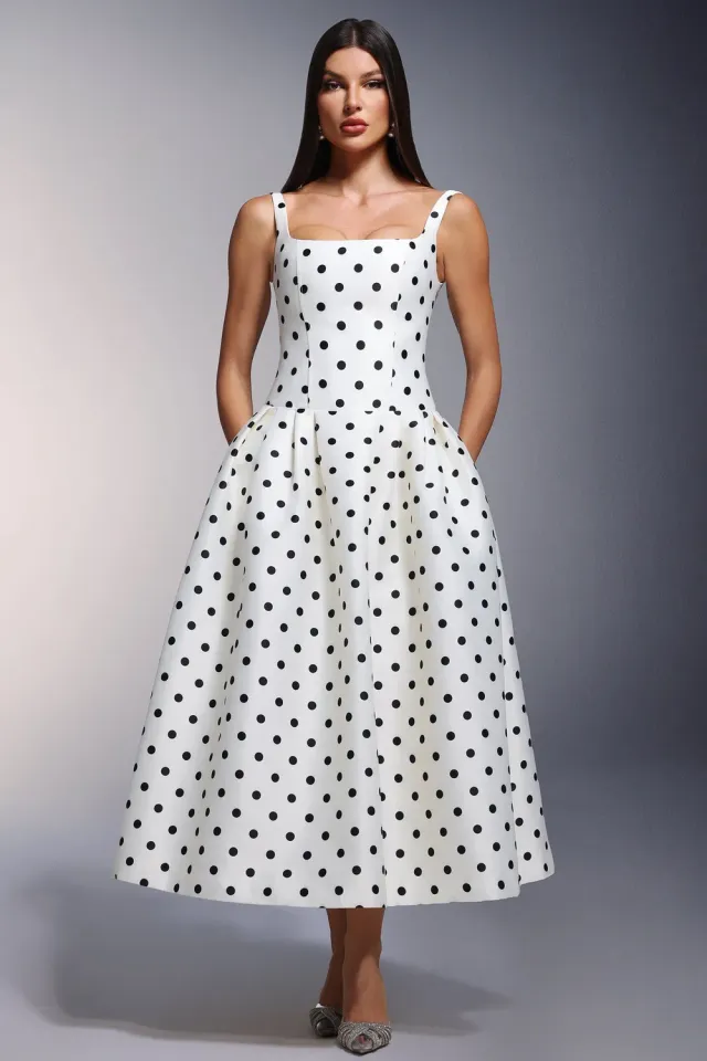 Bella Barnett Zada abito maxi beige pois smanicato