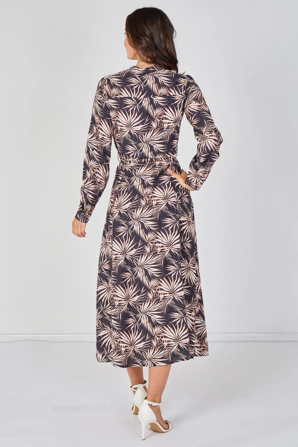 Love Sunshine abito camicia maxi nero palme cintura