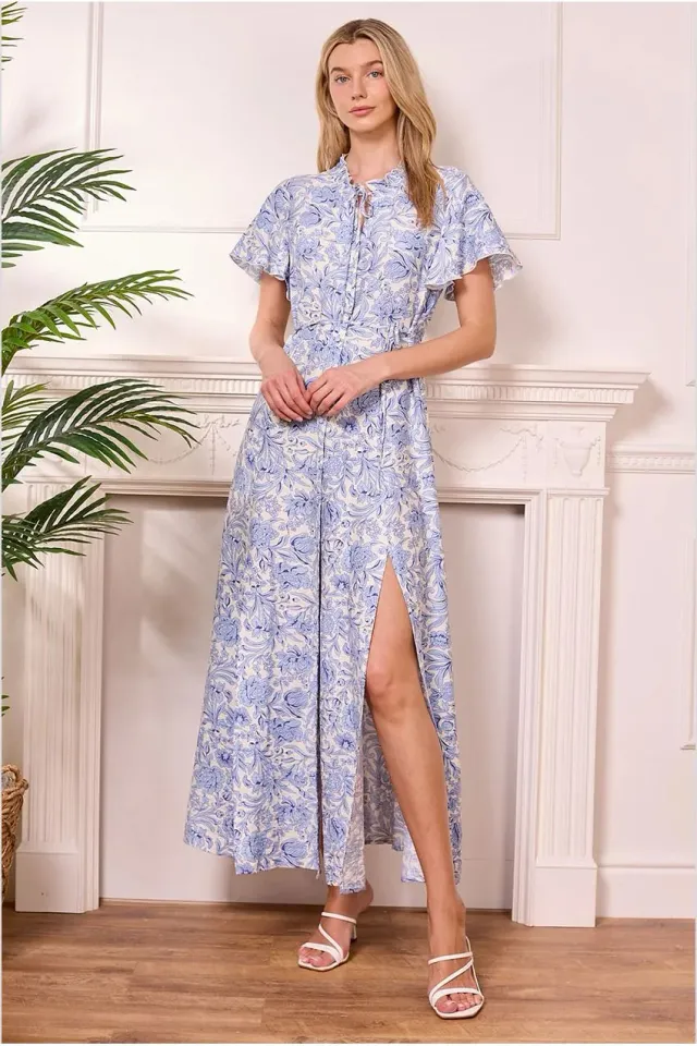 Angeleye Abito Maxi Bianco Floreale Blu Estate