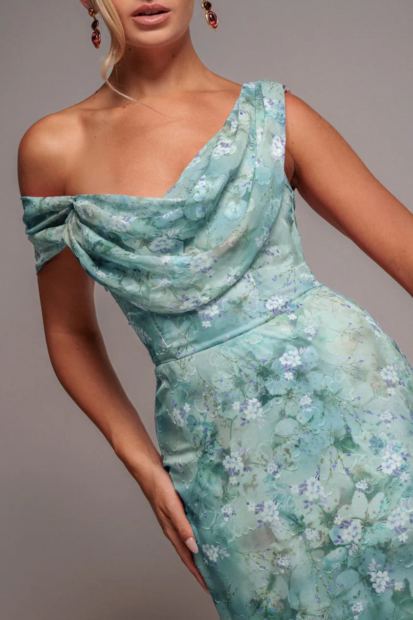 Goddiva One Shoulder Abito Chiffon Blu Floreale Maxi