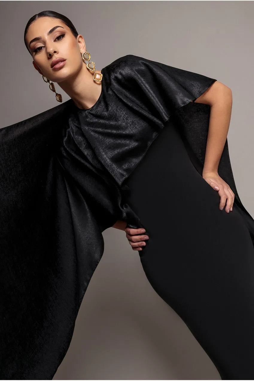 Goddiva Cape Sleeve abito satin nero maxi