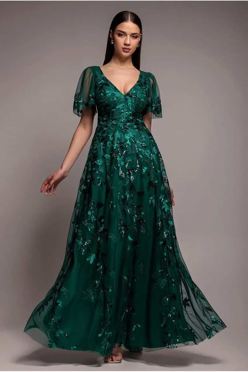 Goddiva DR3279A abito maxi verde smeraldo ricamato