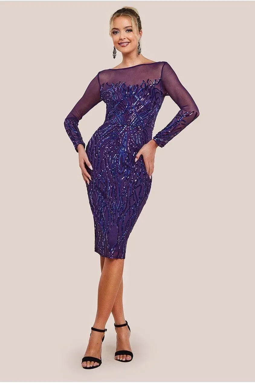 Goddiva Sequin Flame abito midi viola paillettes