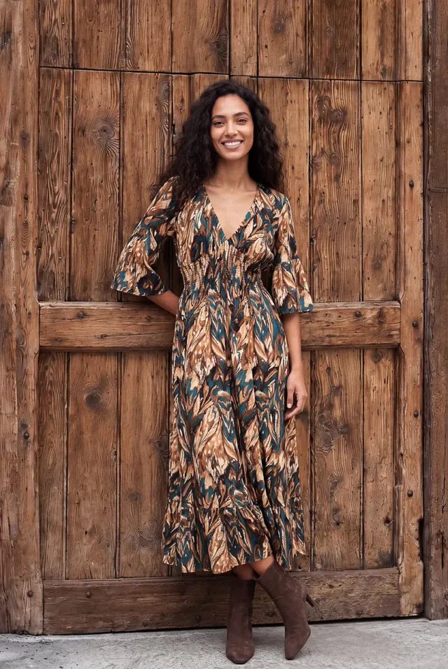 Blue Vanilla Shirred Waist abito midi cioccolato stampa