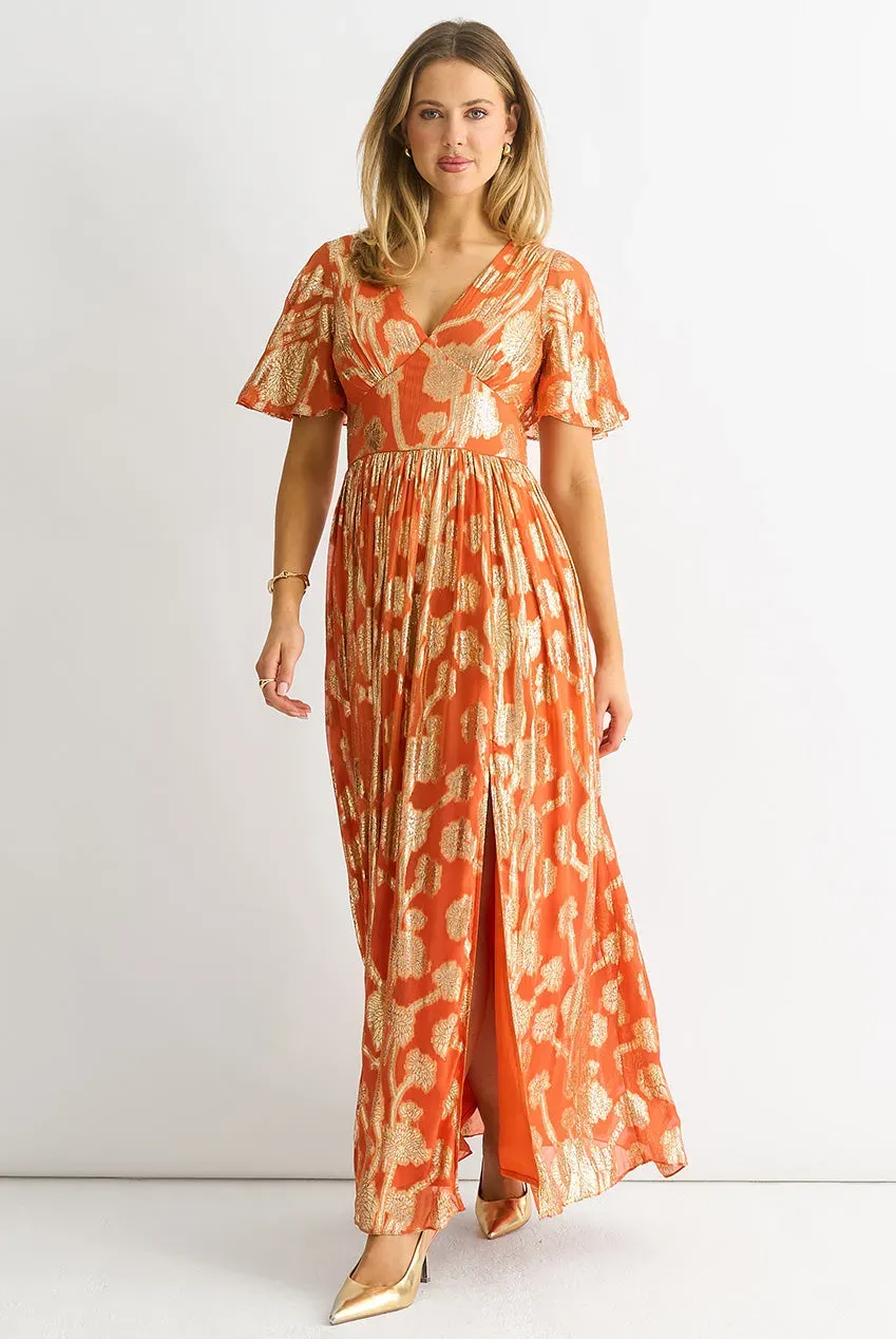 Gini London Metallic Jacquard abito maxi arancione floreale