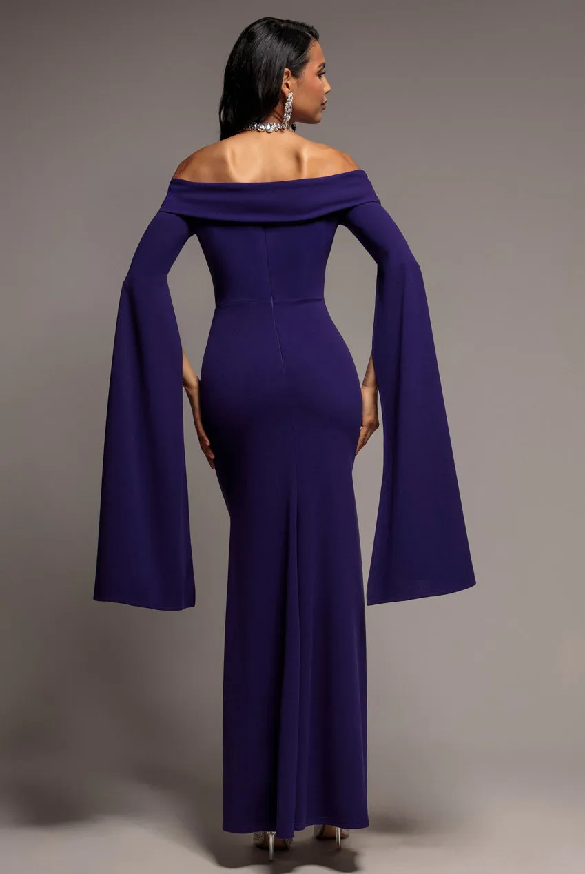 Goddiva Abito Maxi Bardot Viola Scuro con Mantella Sirena Scuba