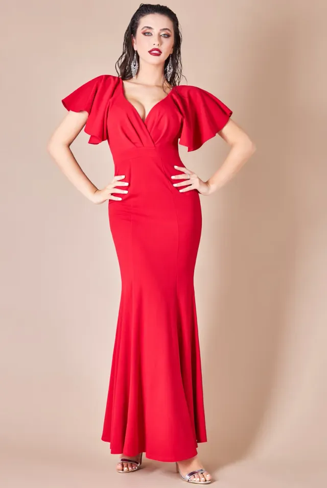 Goddiva Wrap abito maxi rosso scuba manica corta taglia 10