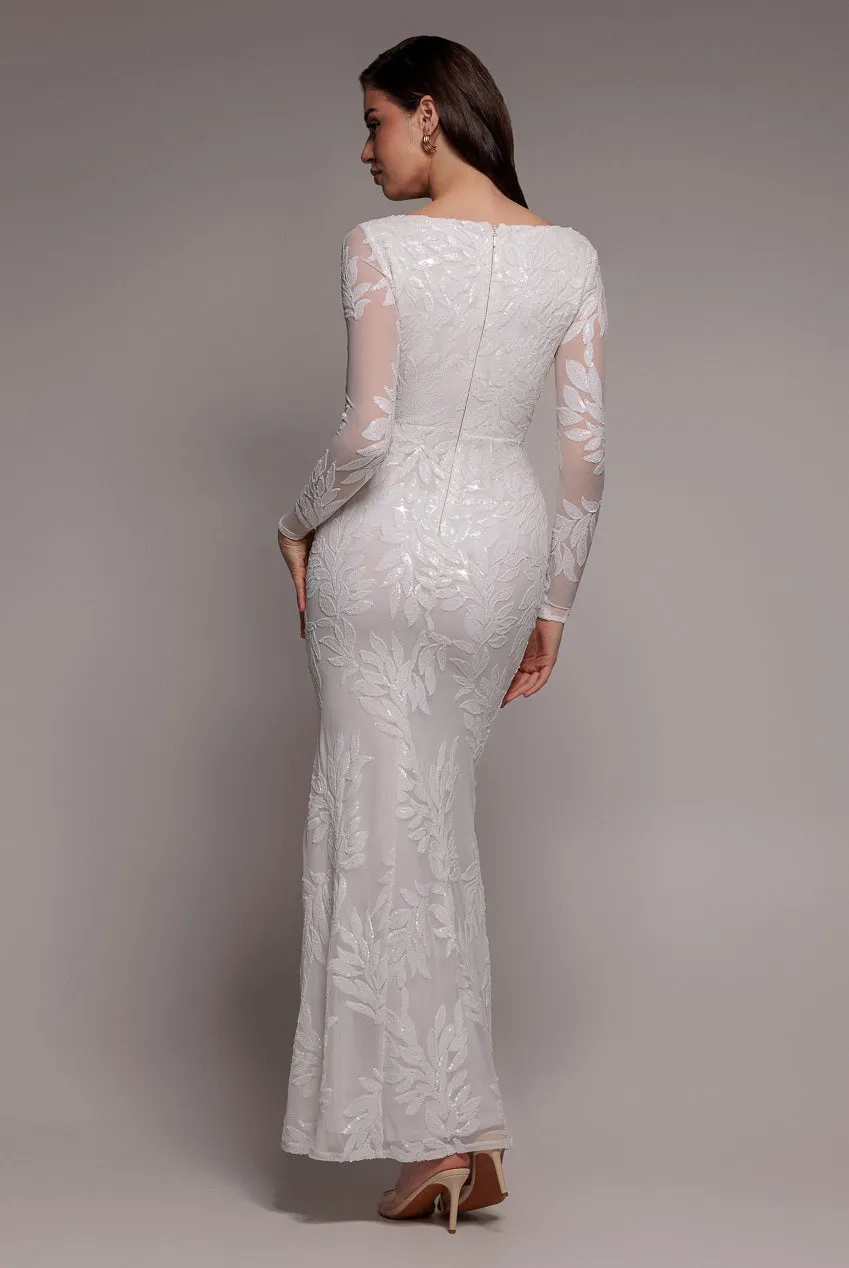 Goddiva Sequin Leaf abito maxi bianco maniche lunghe paillettes