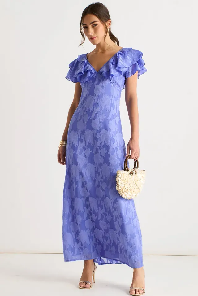 Gini London Ruffle abito maxi blu raso jacquard