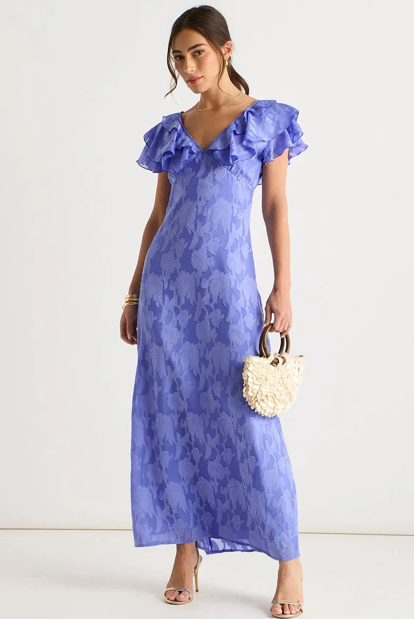 Gini London Ruffle abito maxi blu raso jacquard