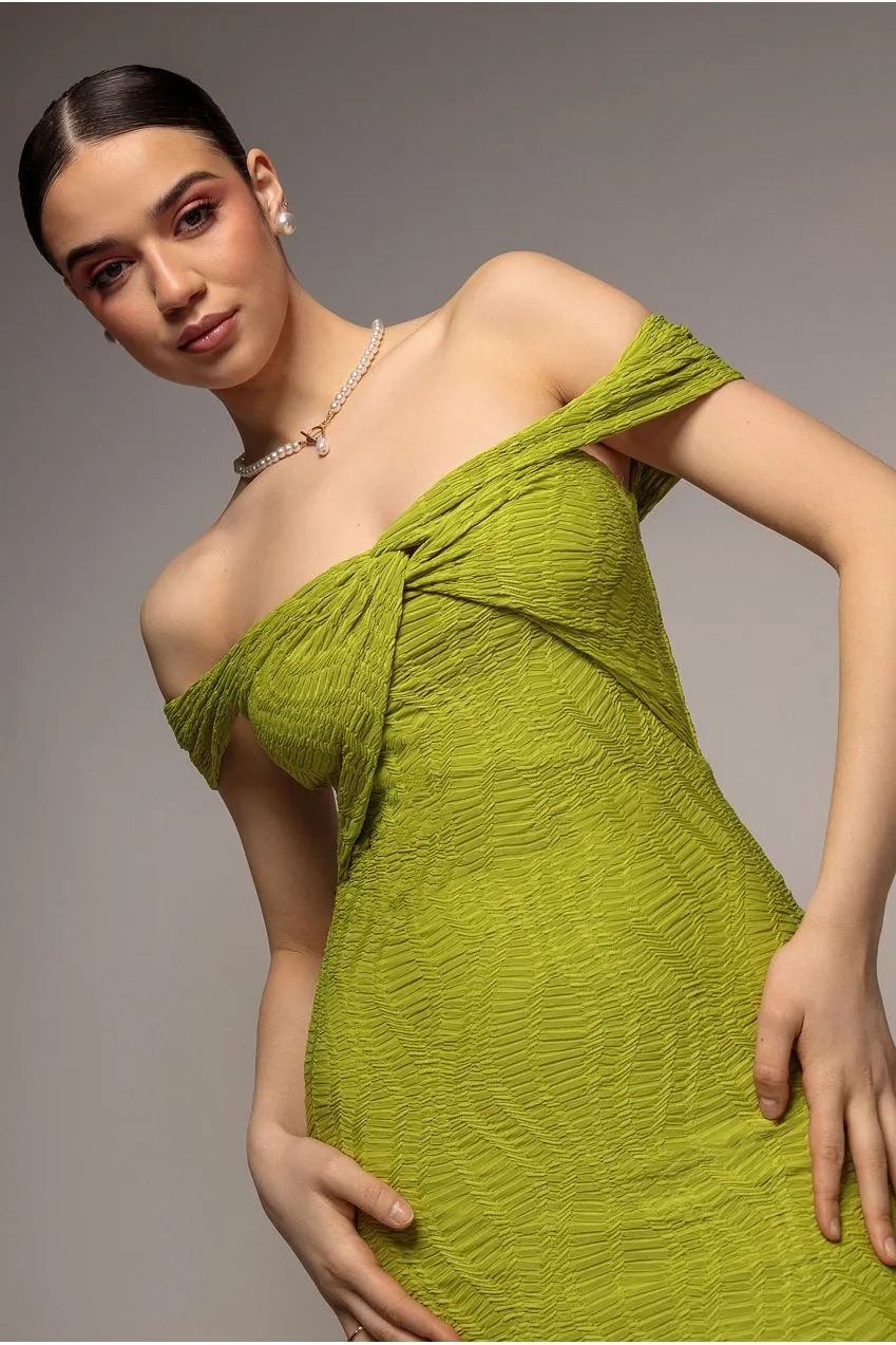 Goddiva Front Knot Twist abito midi lime bardot