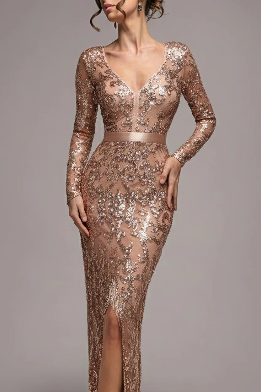 Goddiva Tassel Sequin Abito midaxi champagne spacco