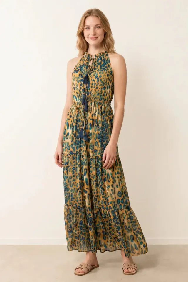 Blue Vanilla Tie Front abito maxi animalier smanicato