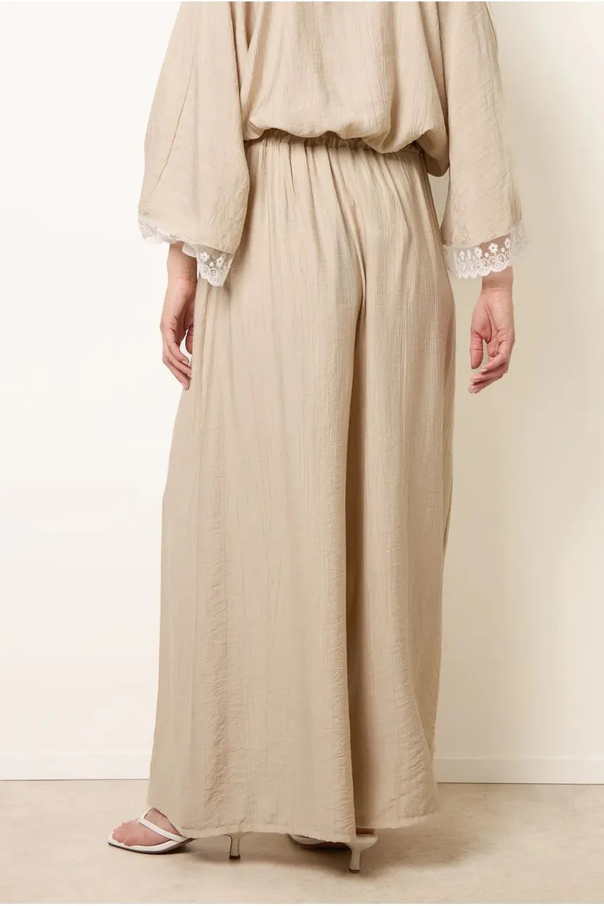 Goddiva Crinkle Viscose Wide Leg pantaloni beige