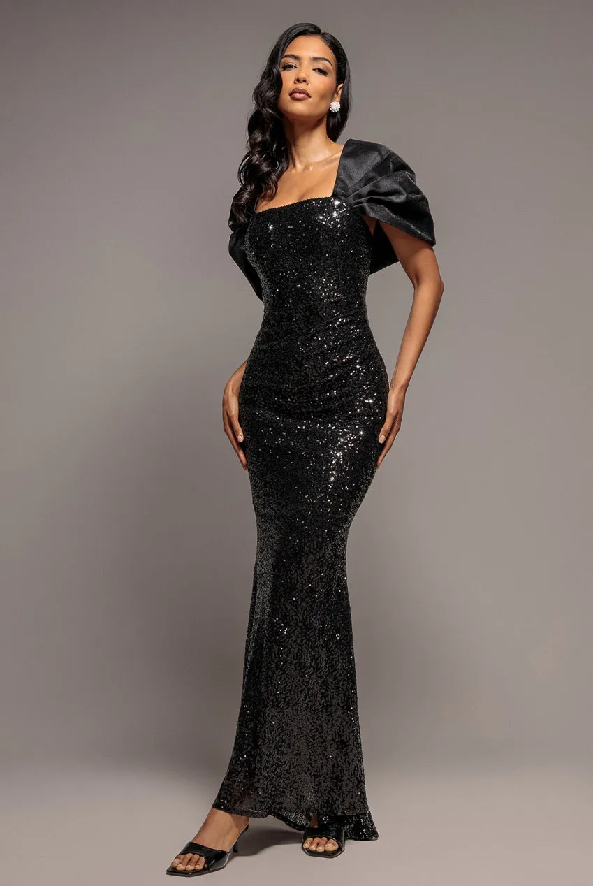 Goddiva DR5198 Maxi Abito Nero Paillettes Fiocco Schiena