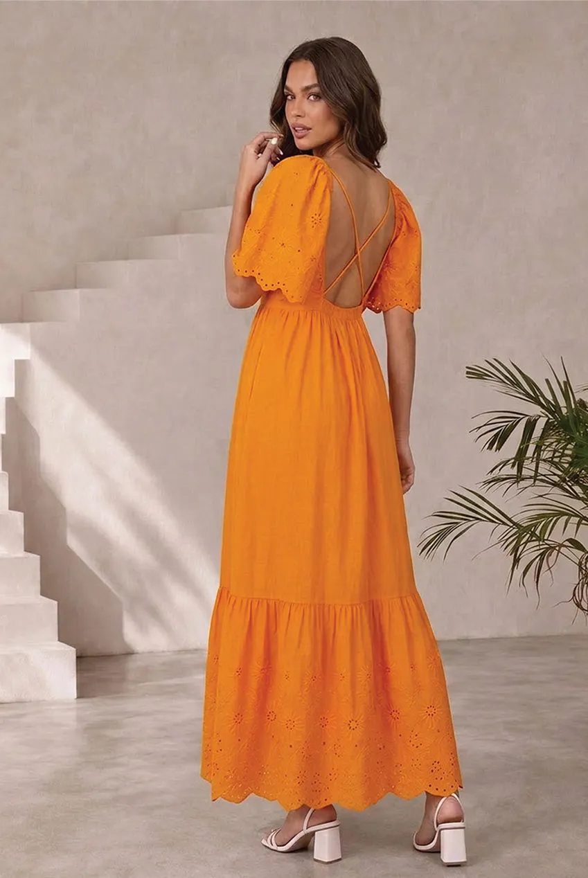 Goddiva Chi Chi London Broderie abito maxi arancione cotone