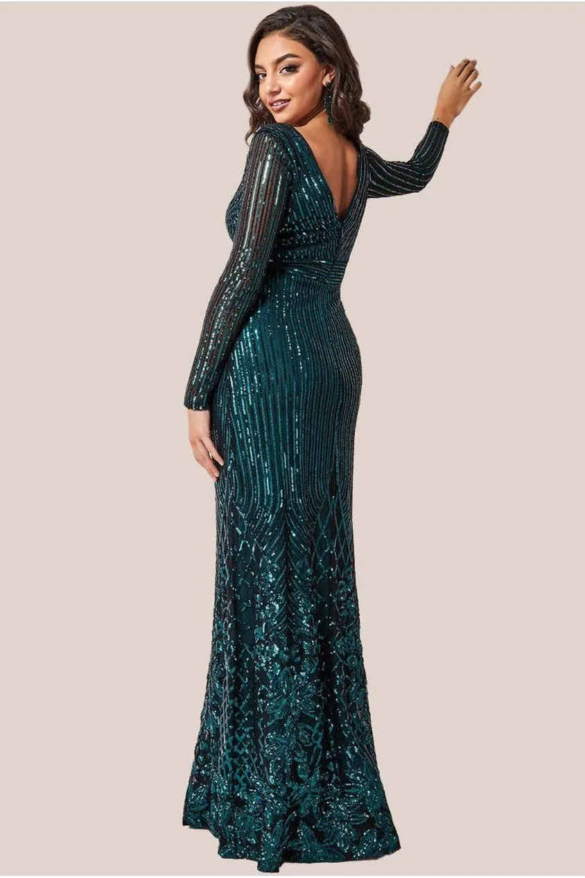 Goddiva DR3485 Abito Maxi Paillettes Verde Smeraldo Maniche Lunghe