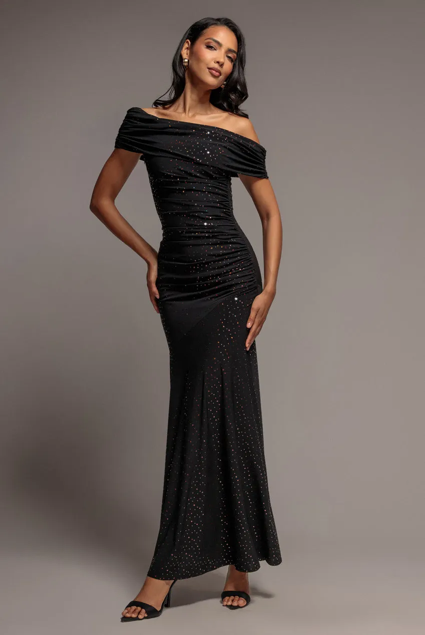 Goddiva One Shoulder abito lungo nero rame paillettes
