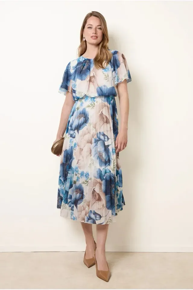 Blue Vanilla abito midi floreale blu manica corta scollo tondo
