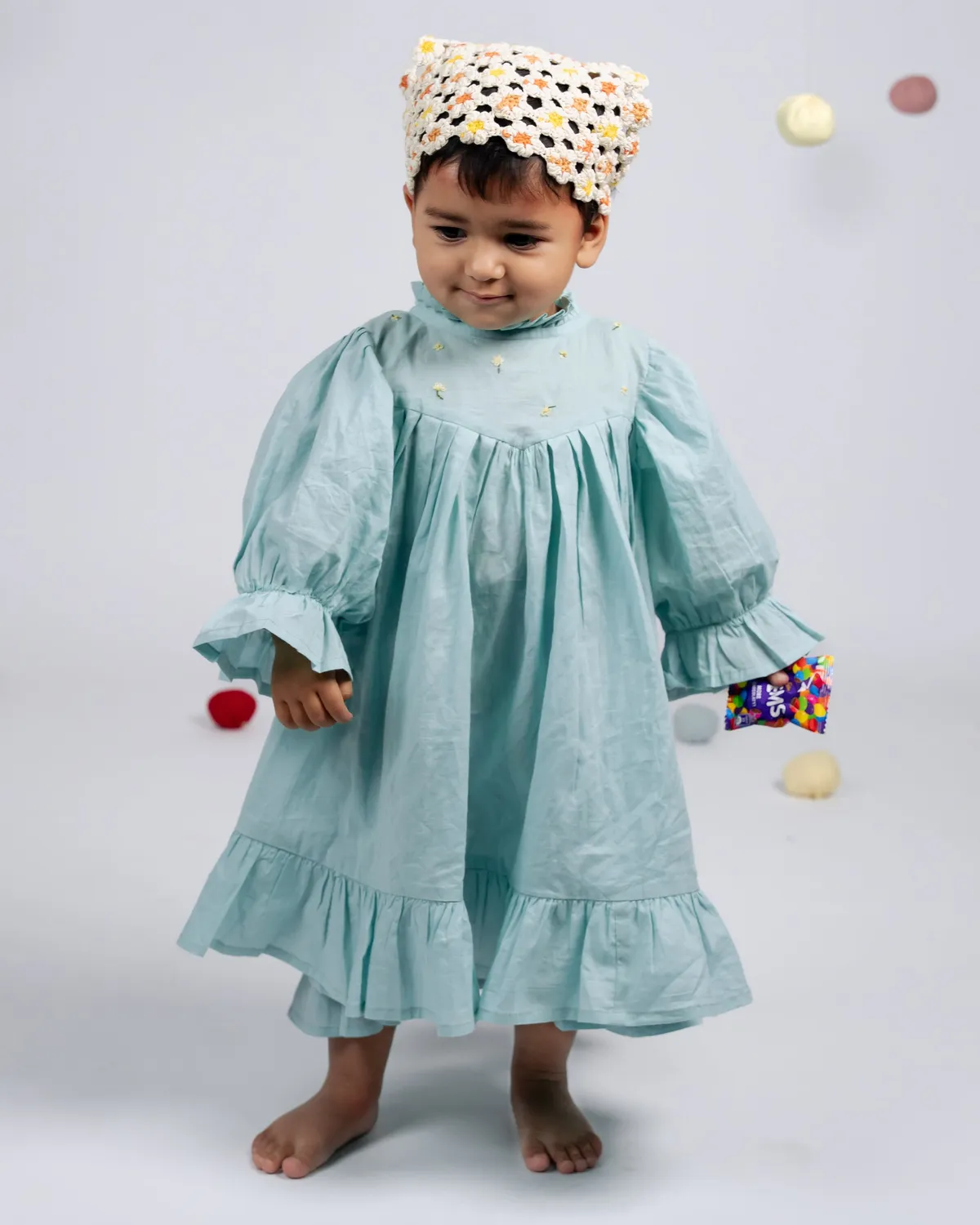 Our Dve Tilly abito bambina blu cotone collo alto